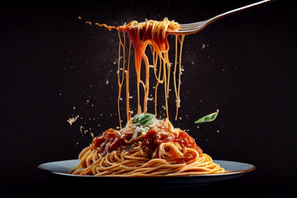 Fresh pasta with hearty Bolognese and parmesan cheese generated by artificial intelligence